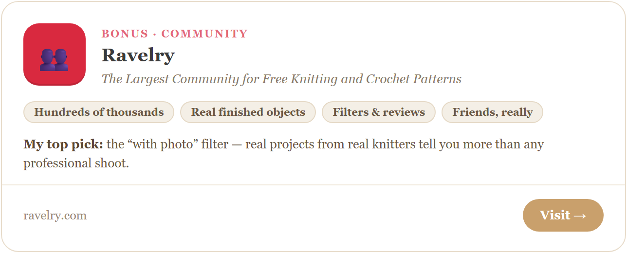Ravelry — the largest community for free knitting patterns and free crochet patterns. Real finished-object photos, filters by skill level and yarn weight, reviews and ratings.